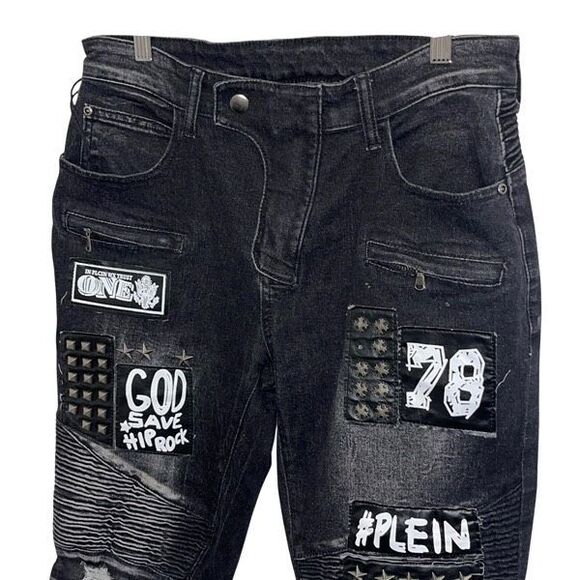 JeANS‎ Men’s  Patch Studded Plein Faded Skinny Distressed Jeans Black Size 30 - Picture 2 of 10